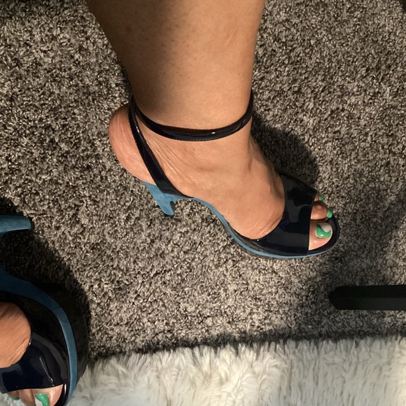 Yves Saint Laurent Blue Patent/Suede Wedge Sandals - Picture 9 of 11